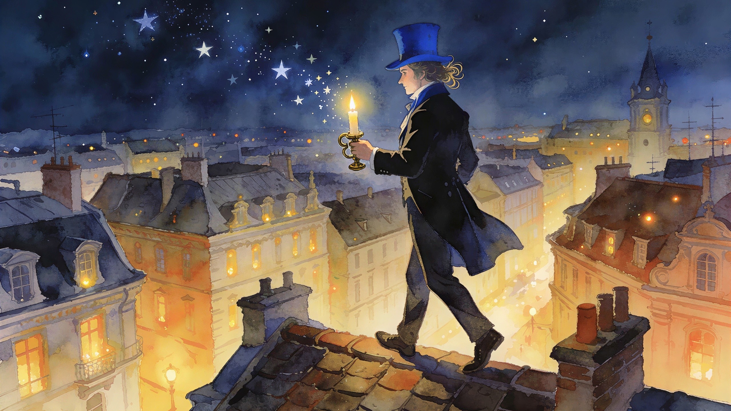 Whimsical Watercolor of Man in Top Hat at Night