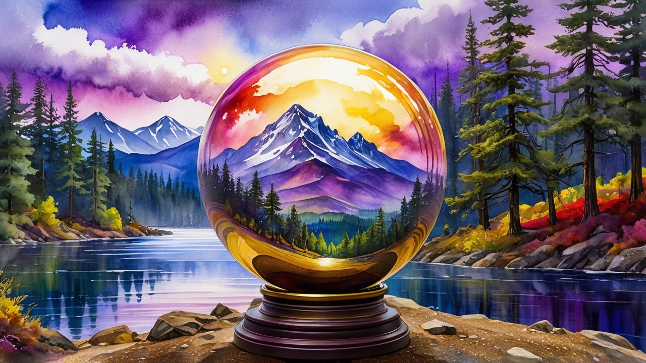 Vibrant Landscape of Mountains in a Glass Globe