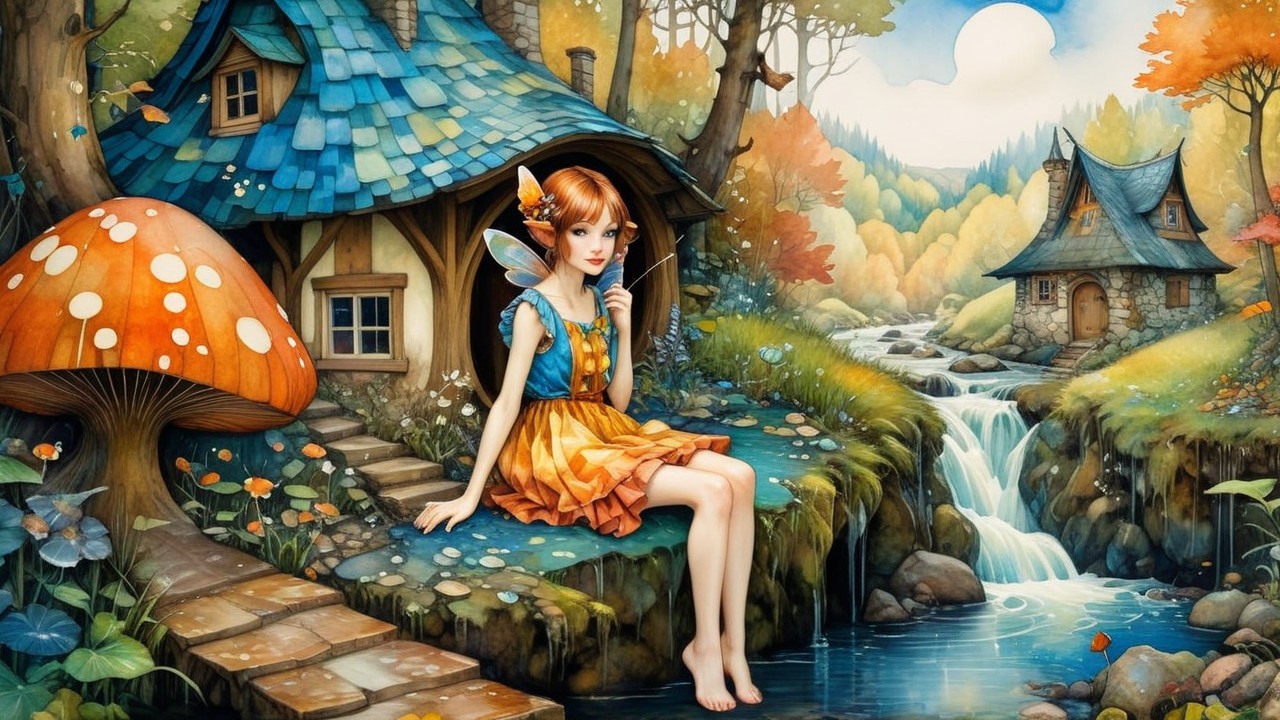 Whimsical Fairy by a Serene Stream in Vibrant Forest