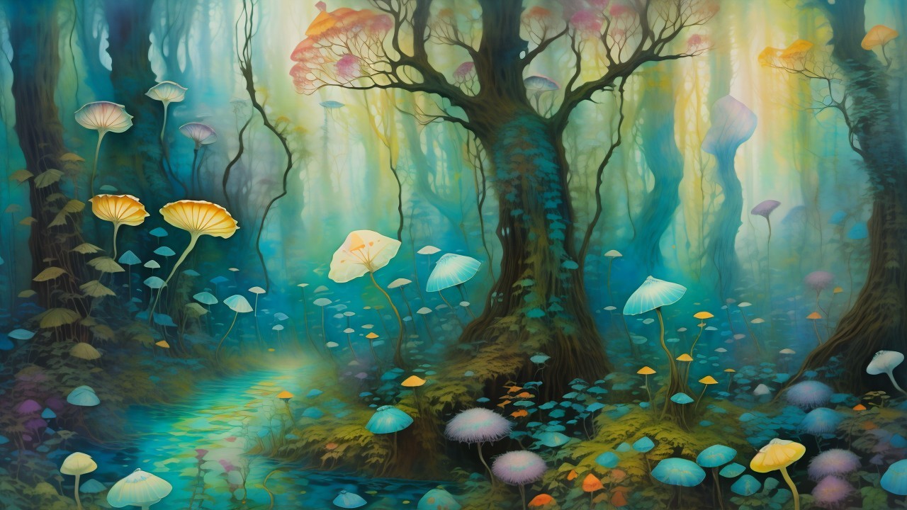 Mystical forest scene with vibrant colors and light