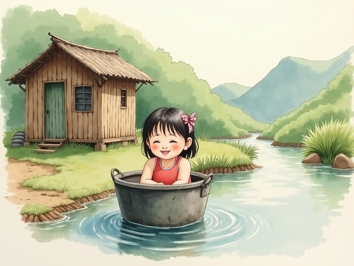 Cheerful girl in metal tub on serene river scene
