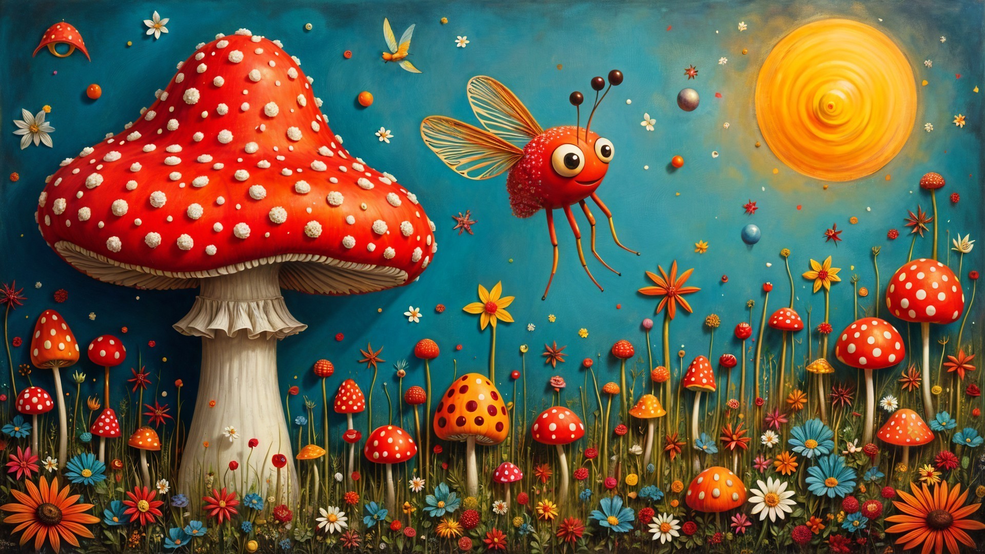 Colorful Mushroom Scene with Cartoon Insect and Flowers