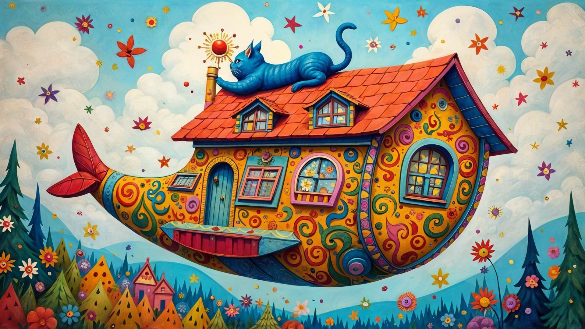 Whimsical Whale-Shaped House in a Colorful Sky