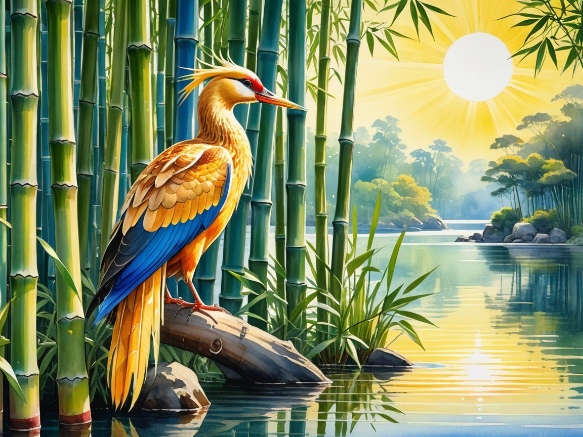 Vibrant Bird with Golden Plumage by Tranquil Lake