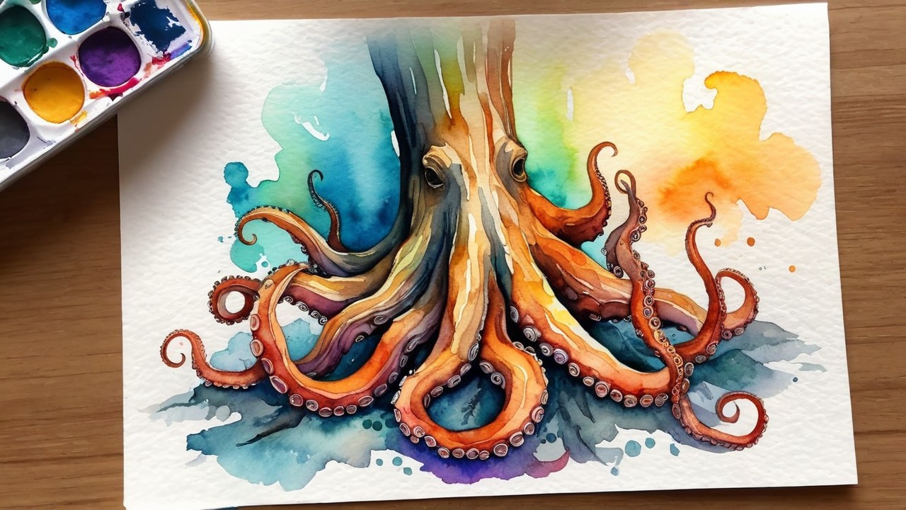 Watercolor Artwork of Octopus and Stylized Tree