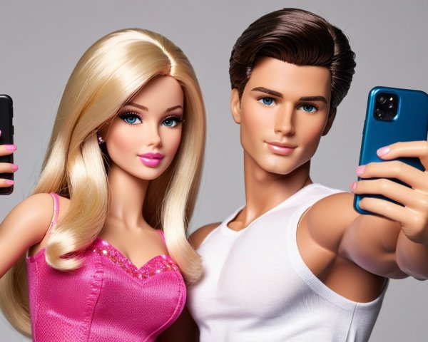 Blonde and Male Dolls Taking a Selfie Together