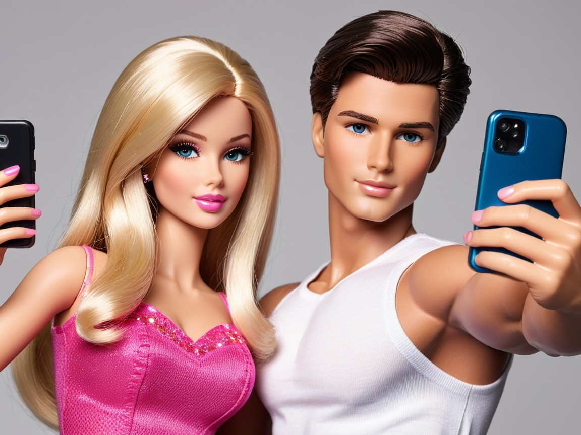 Blonde and Male Dolls Taking a Selfie Together