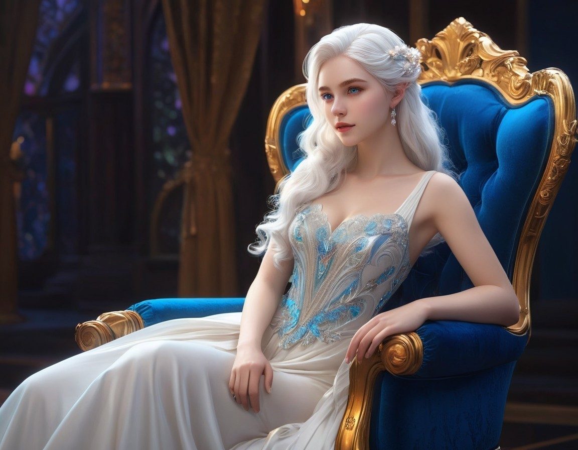 Serene woman in silver hair on blue velvet chair