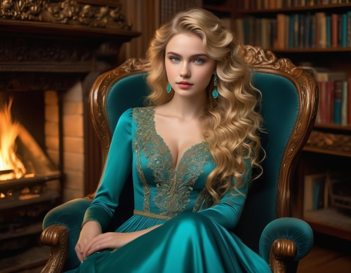 Young Woman in Turquoise Gown in Elegant Setting