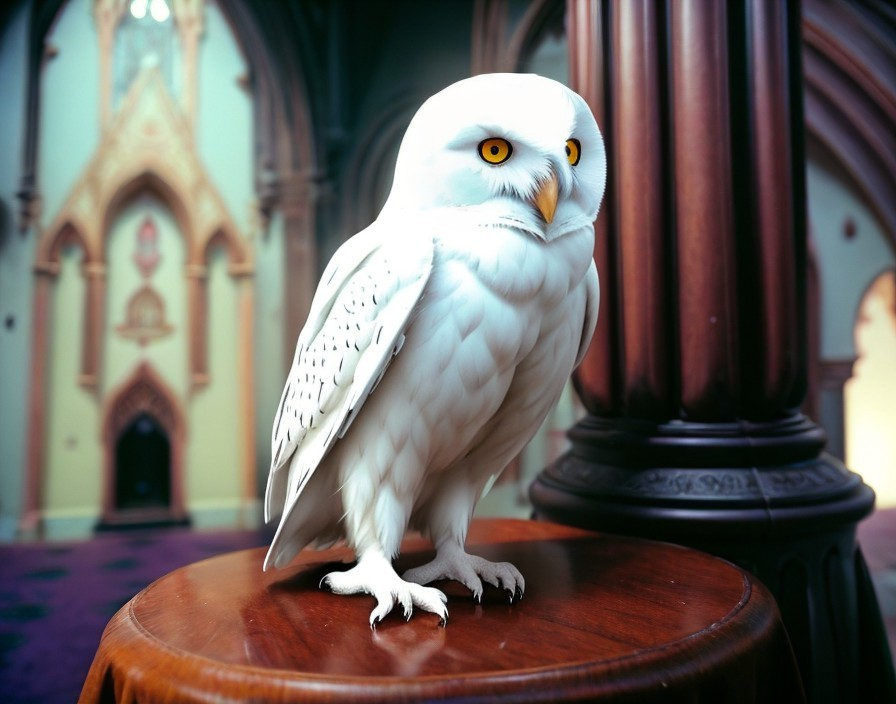White owl on wooden pedestal with ornate architecture