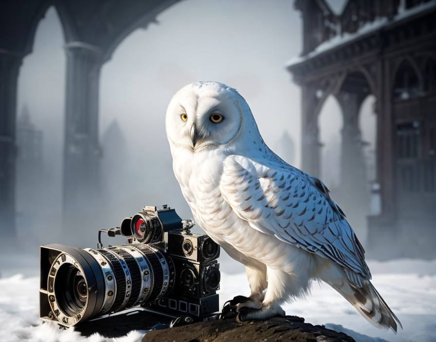 Snowy Owl and Vintage Camera in Winter Scene