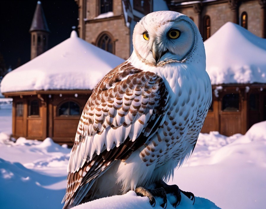 Snowy Owl on Snowy Surface with Frost-Covered Building