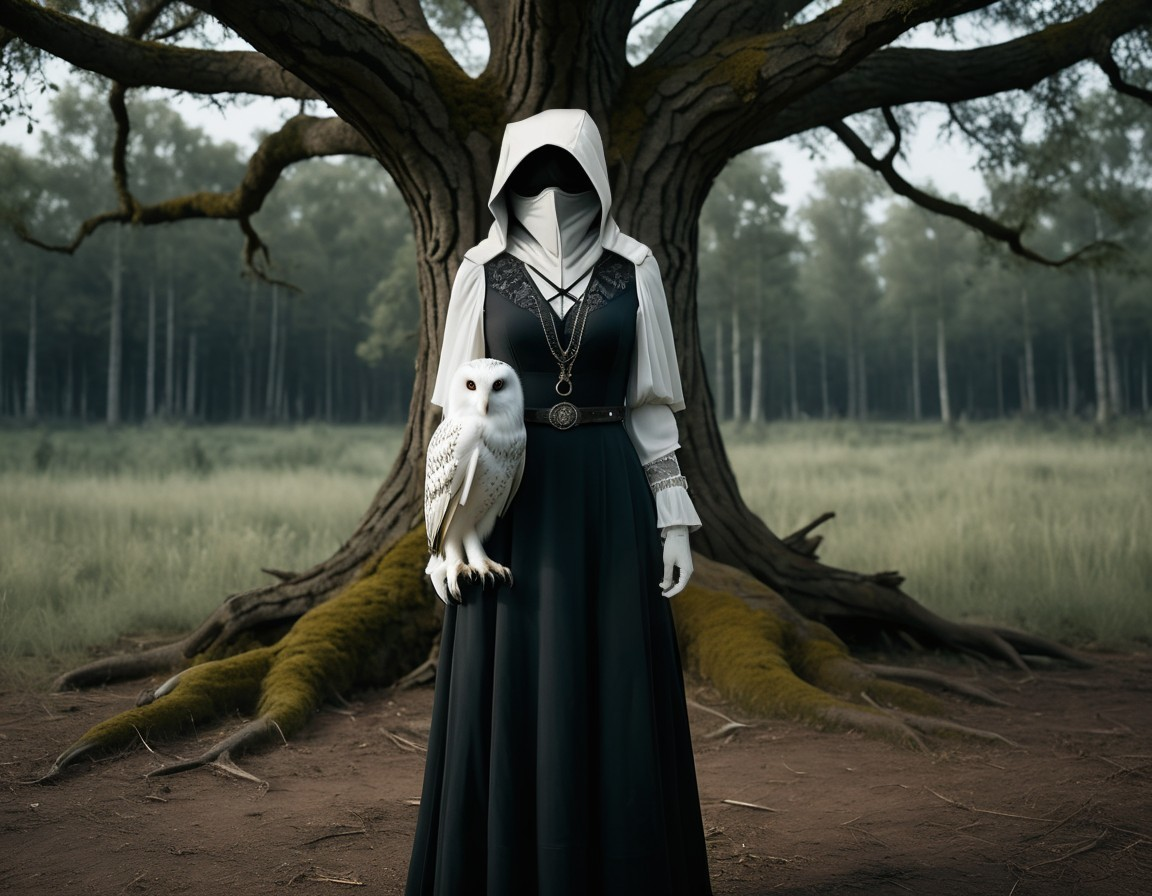 Mysterious Figure with Owl by Ancient Tree