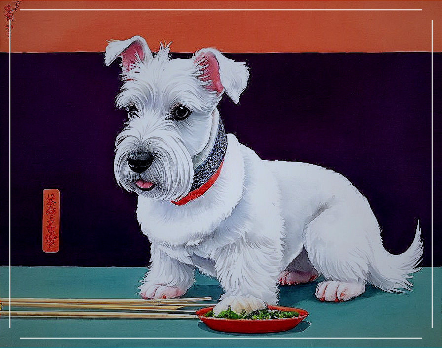 Fluffy White Dog with Colorful Backdrop and Food Bowl