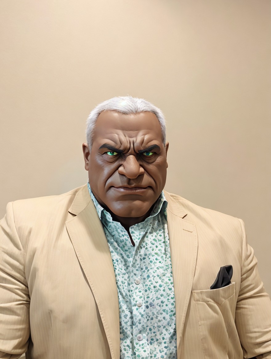 Life-like figure in beige blazer with stern expression