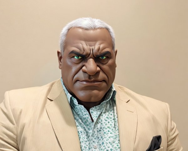 Life-like figure in beige blazer with stern expression
