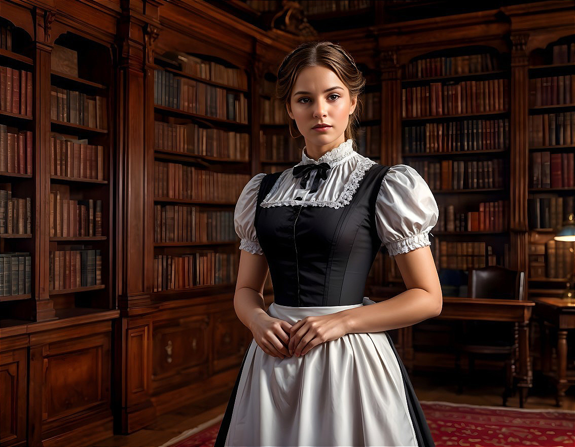 Elegant Young Woman in Grand Library with Vintage Dress