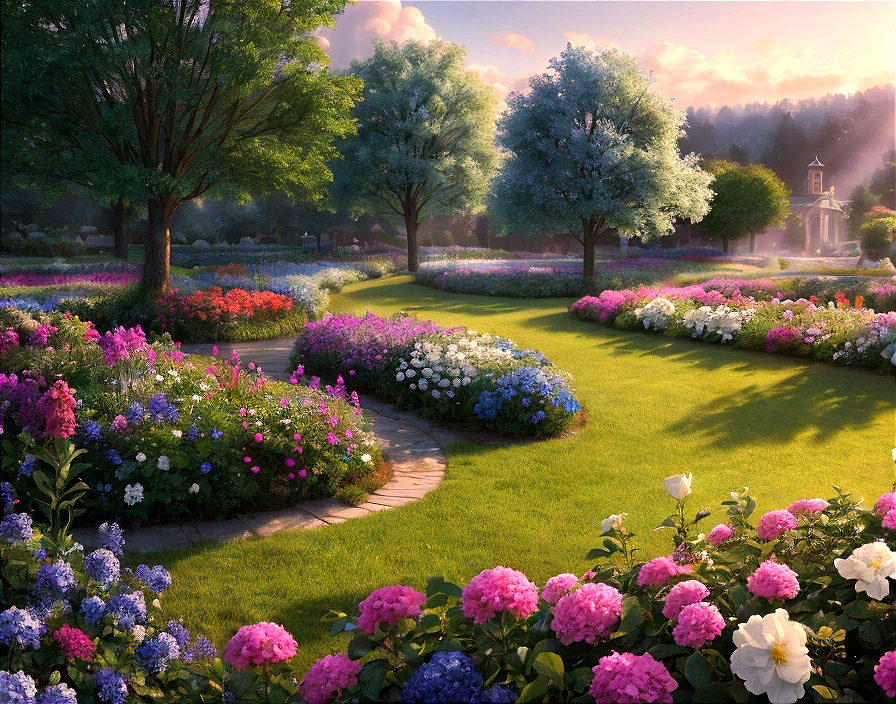 Serene Garden Landscape with Vibrant Flower Beds