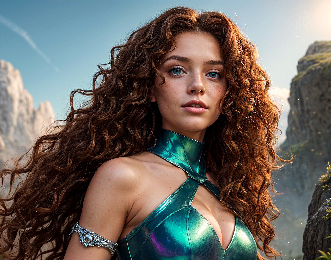 Young woman with curly hair in a teal outfit in nature