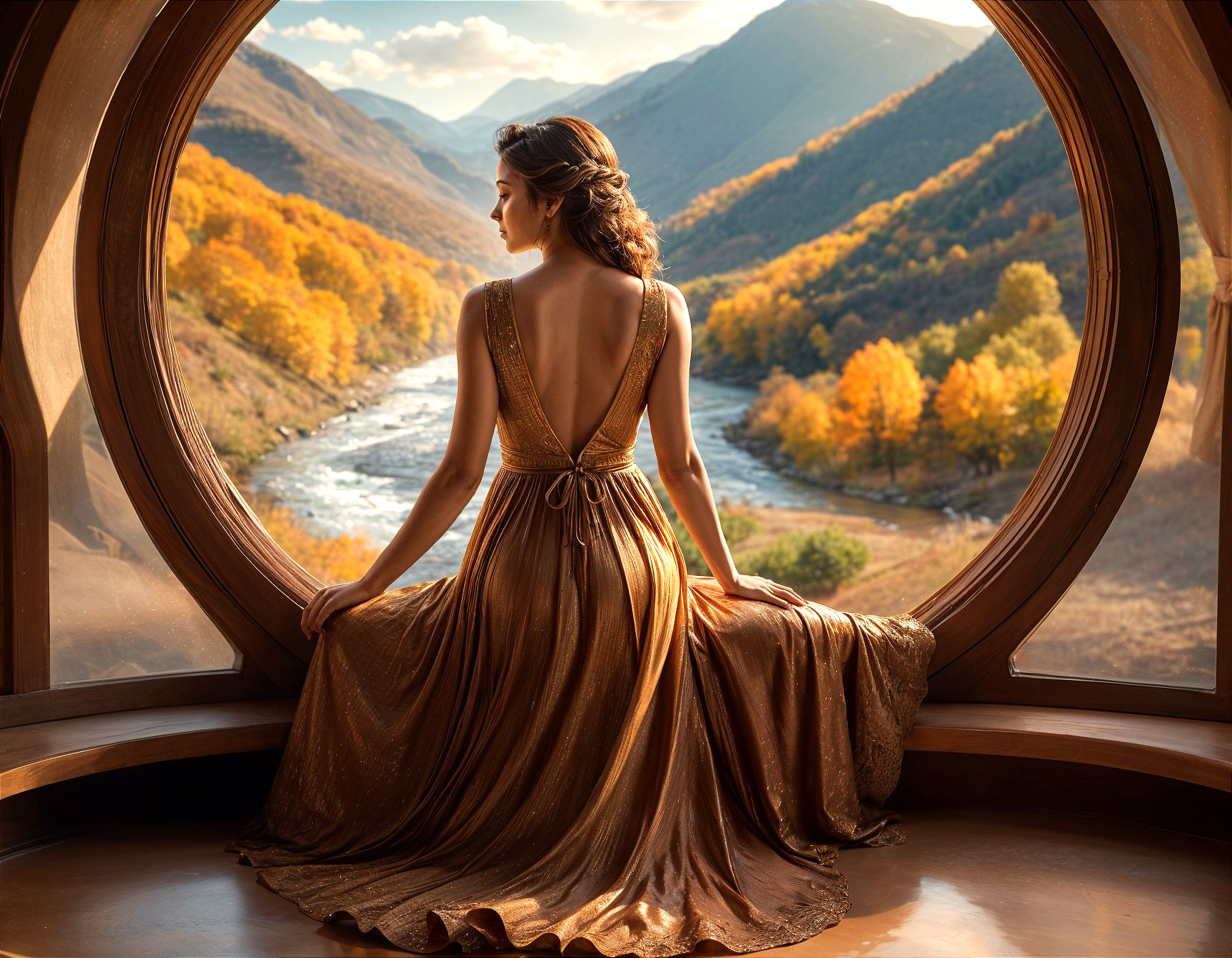 Woman in Gold Gown by Circular Window with Landscape