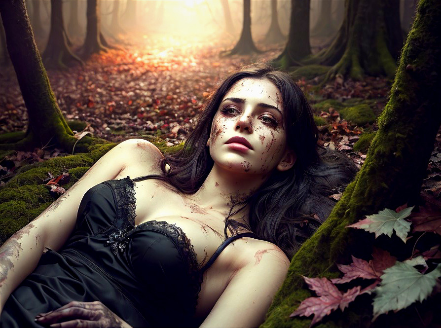 Woman in Black Dress Amidst Autumn Forest Leaves
