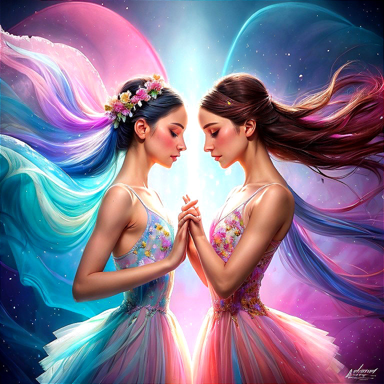 Ethereal Figures in Colorful Aura with Floral Accents