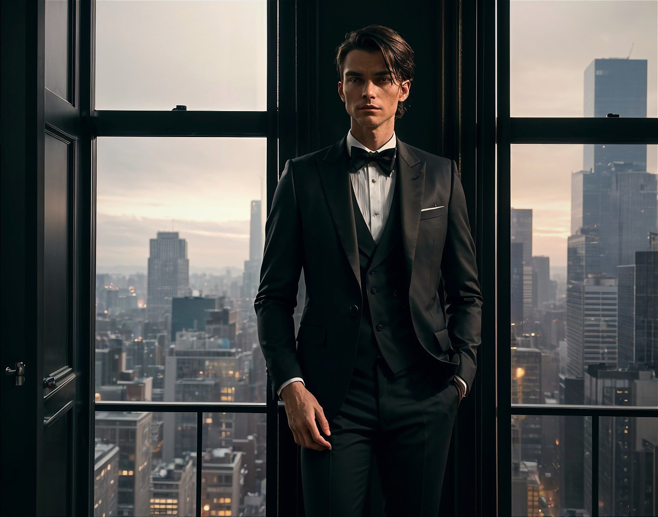 Man in Black Tuxedo by City Skyline at Dusk