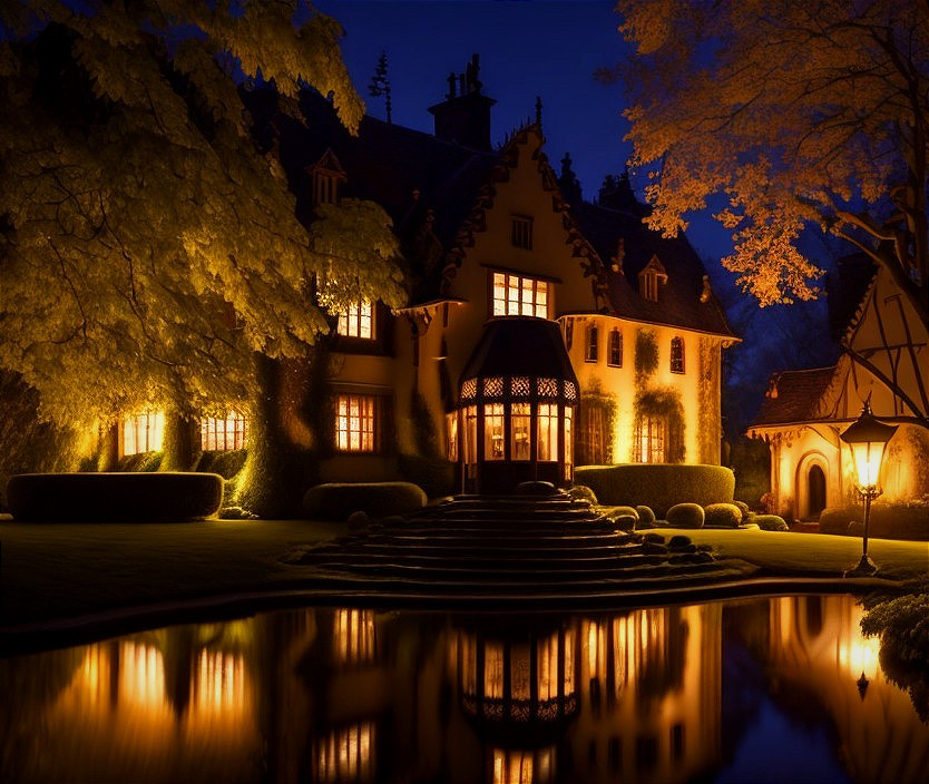 Illuminated Mansion Surrounded by Lush Gardens at Night
