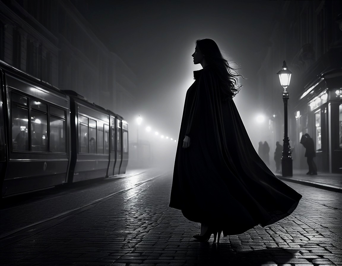 Monochromatic Urban Scene with Woman in Cape