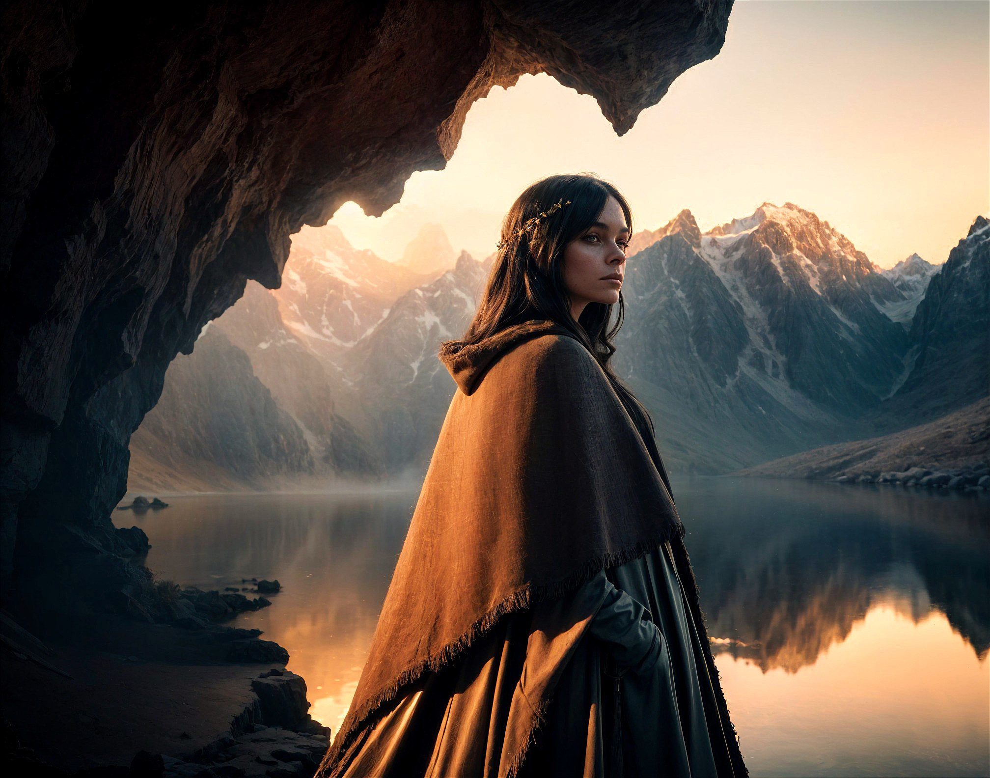 Serene figure by tranquil lake at dawn with mountains