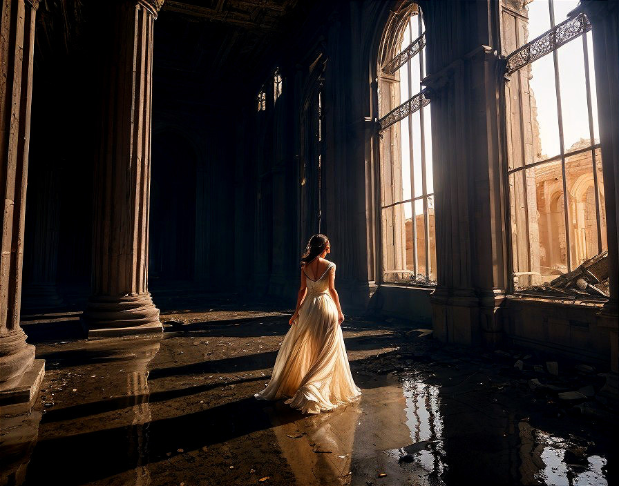 Elegant Gown in Sunlit Ruins with Dusty Windows
