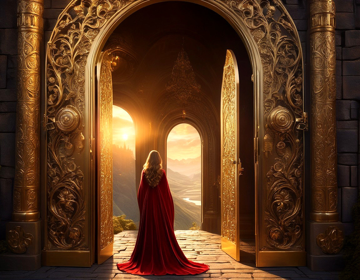 Figure in Red Cloak at Golden Doorway with Landscape