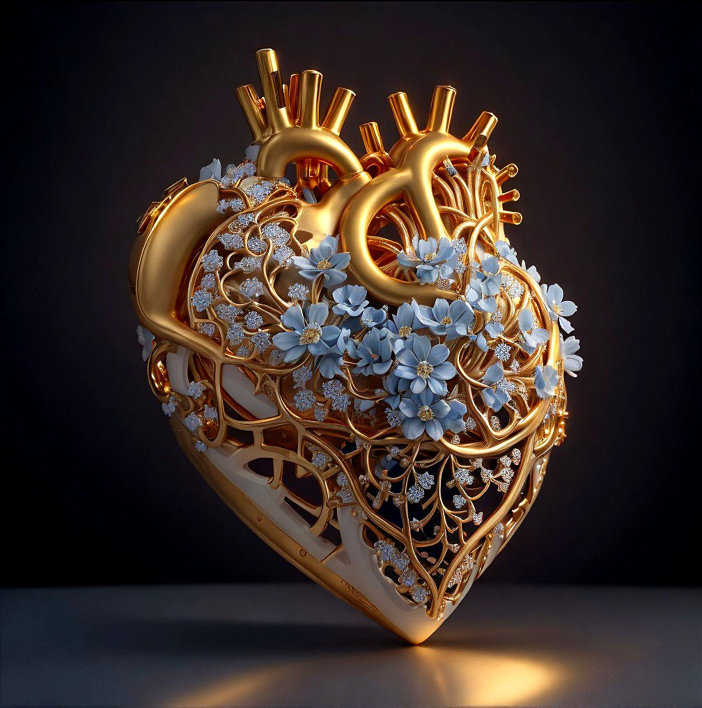 Golden heart sculpture with blue flowers and vines