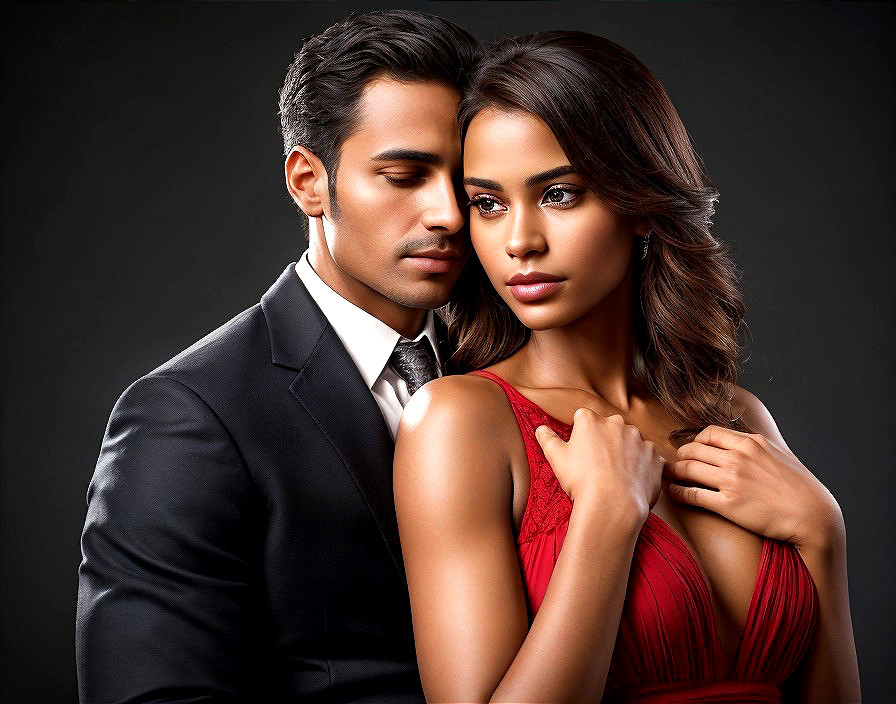 Elegant Couple in Black Suit and Red Dress Embrace