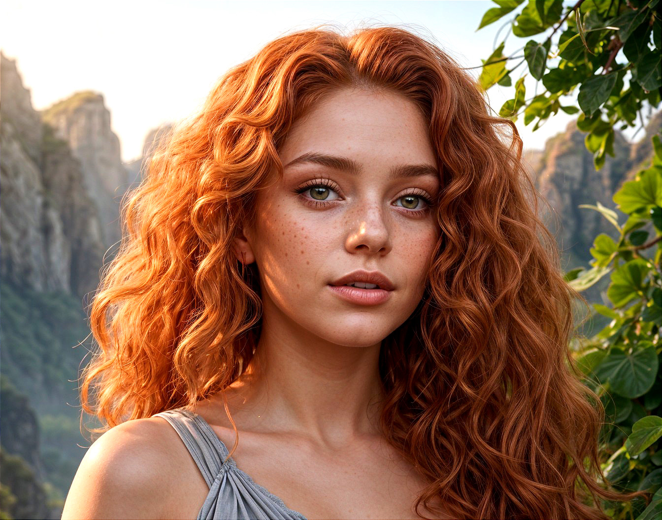 Young woman with red hair in serene nature setting