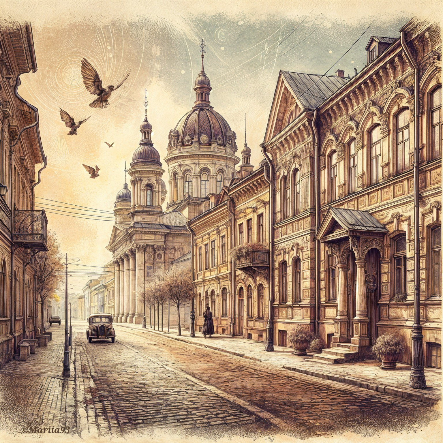 Charming Vintage Street Scene with Sunrise Glow