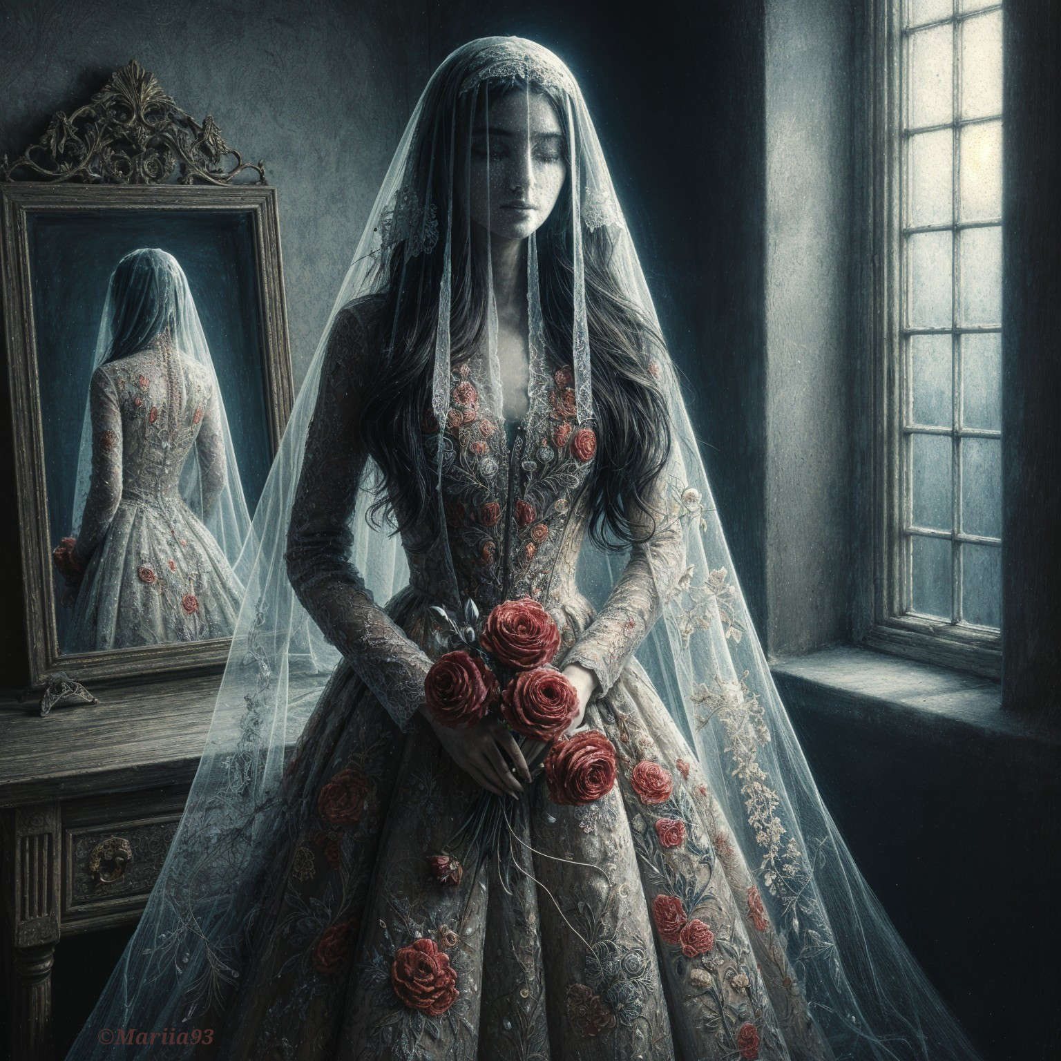 Bridal gown with floral embroidery in dimly lit room