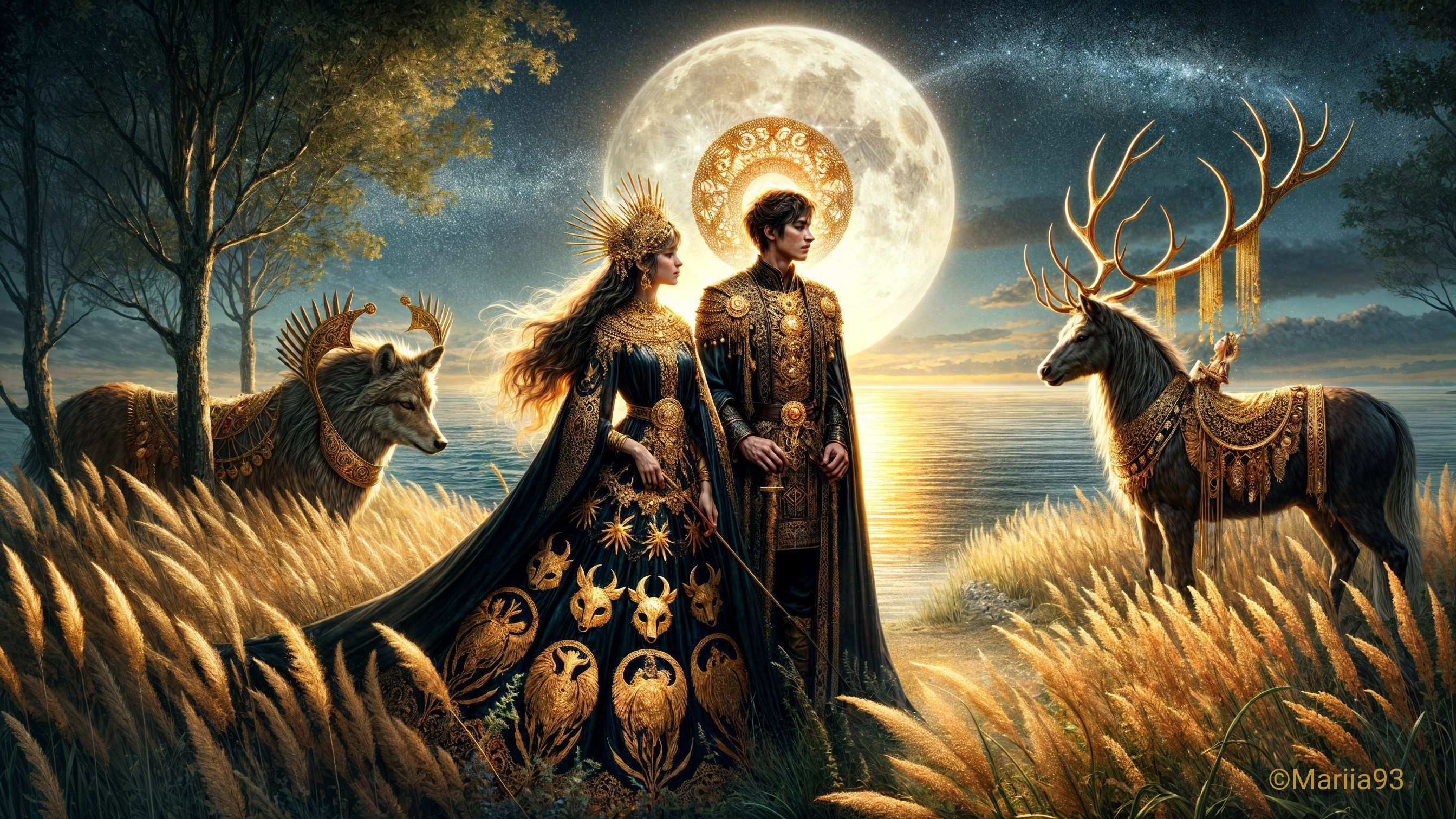 Mystical Scene of Royal Couple Under Full Moon