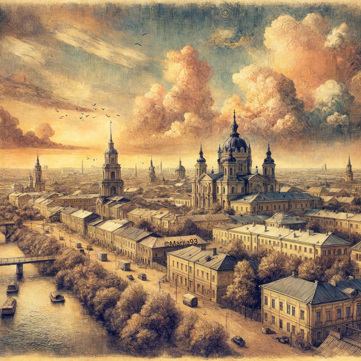 Picturesque Cityscape at Sunset with Historic Charm