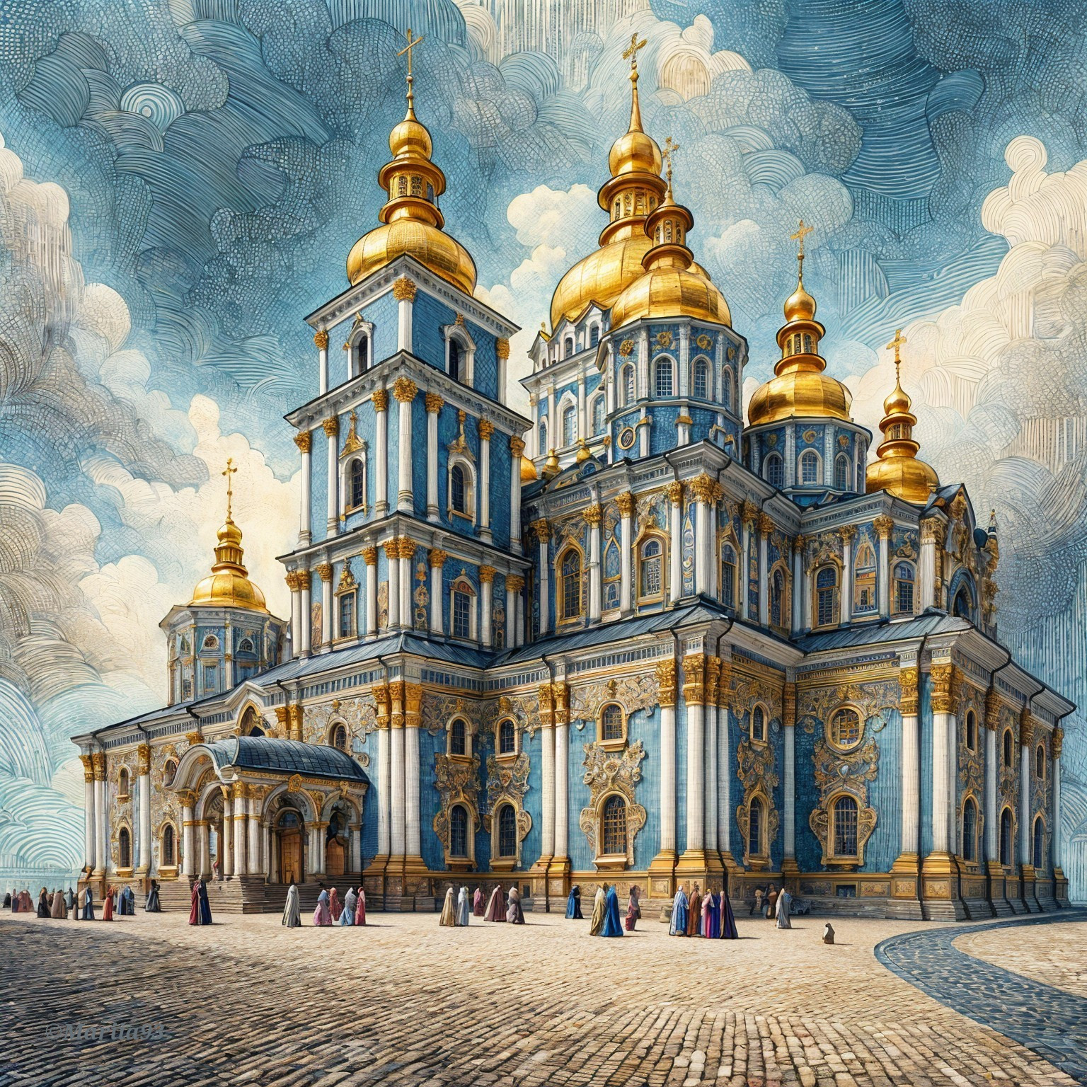 Ornate Cathedral with Golden Domes and Historical Visitors