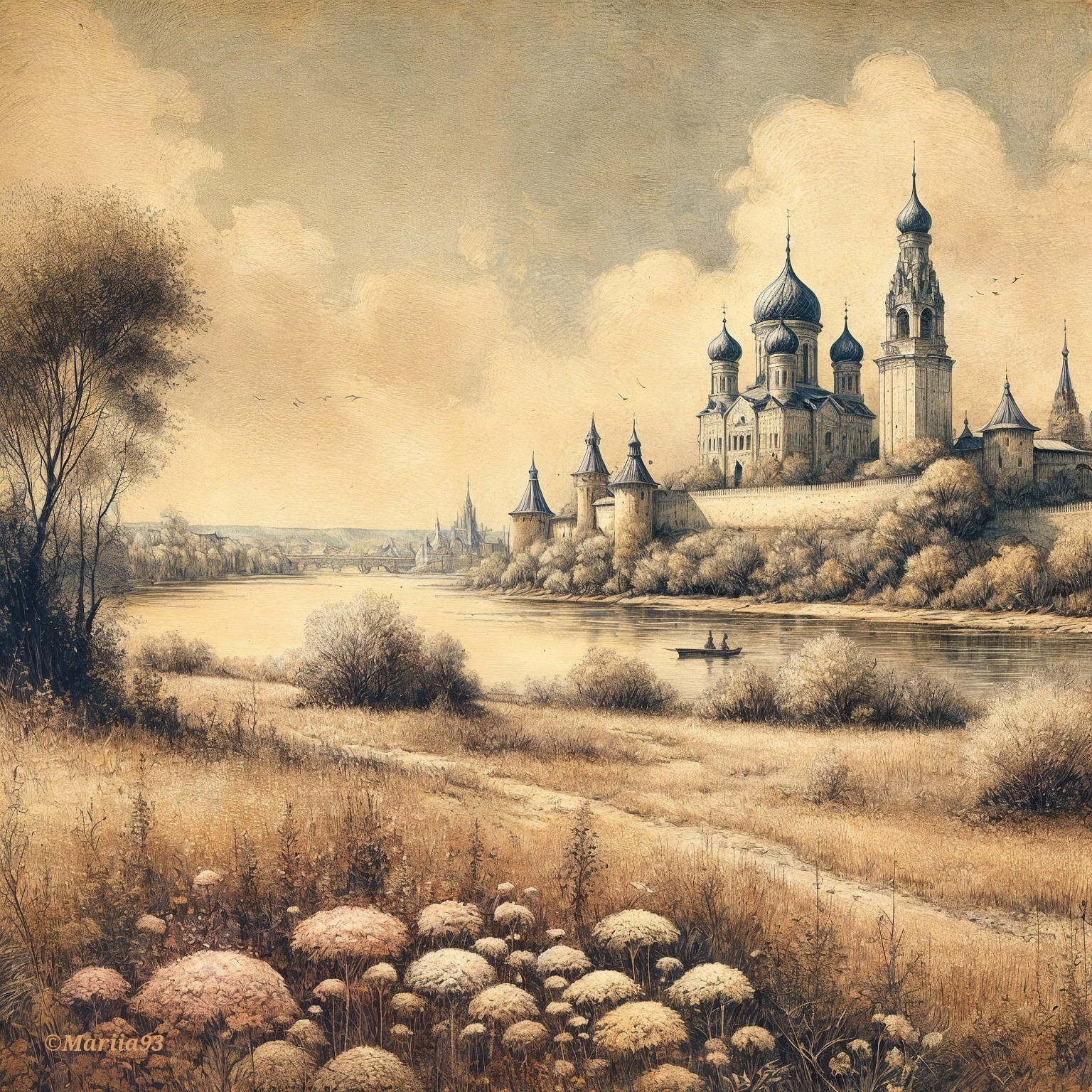Tranquil river landscape with castle and wildflowers