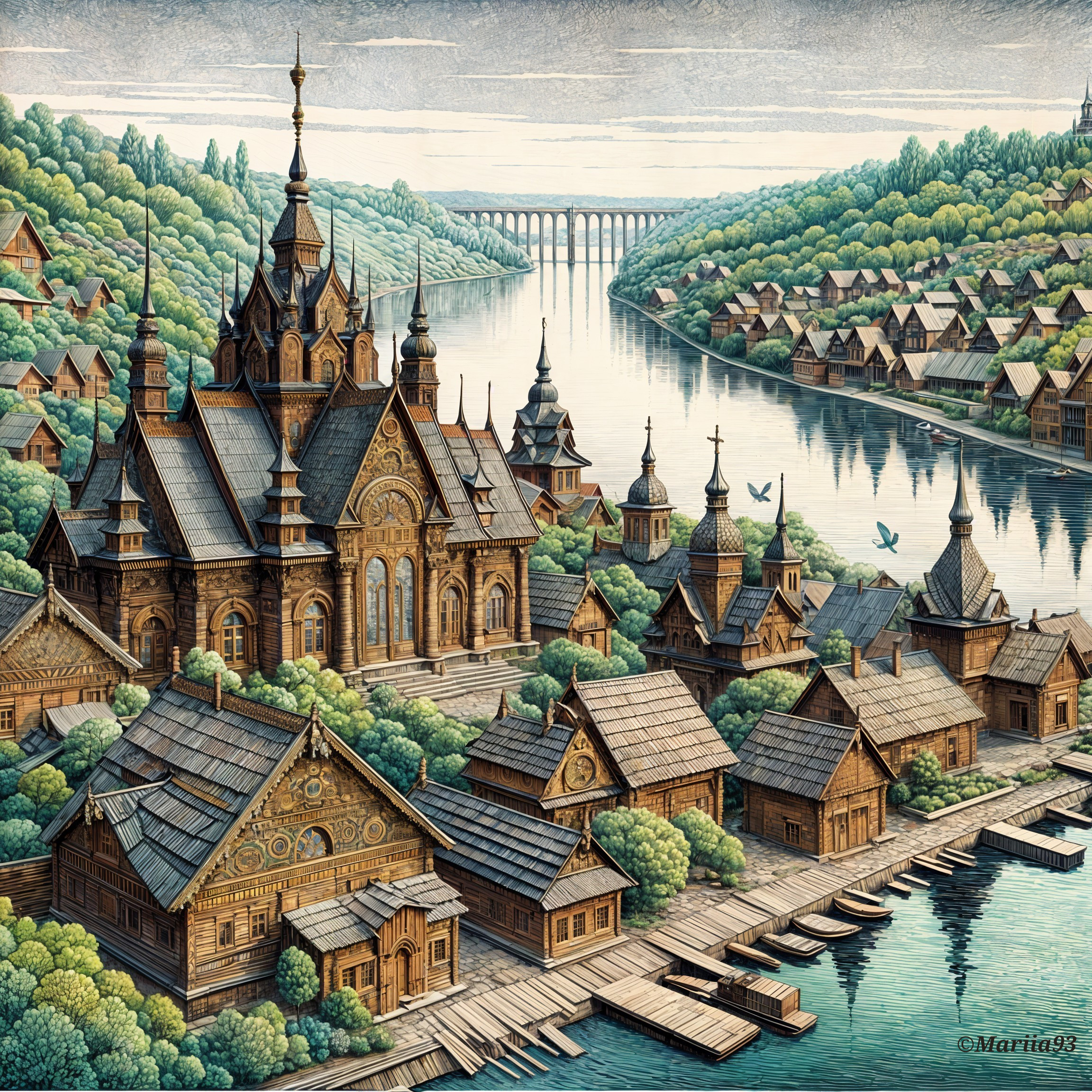 Serene riverside village with ornate wooden architecture
