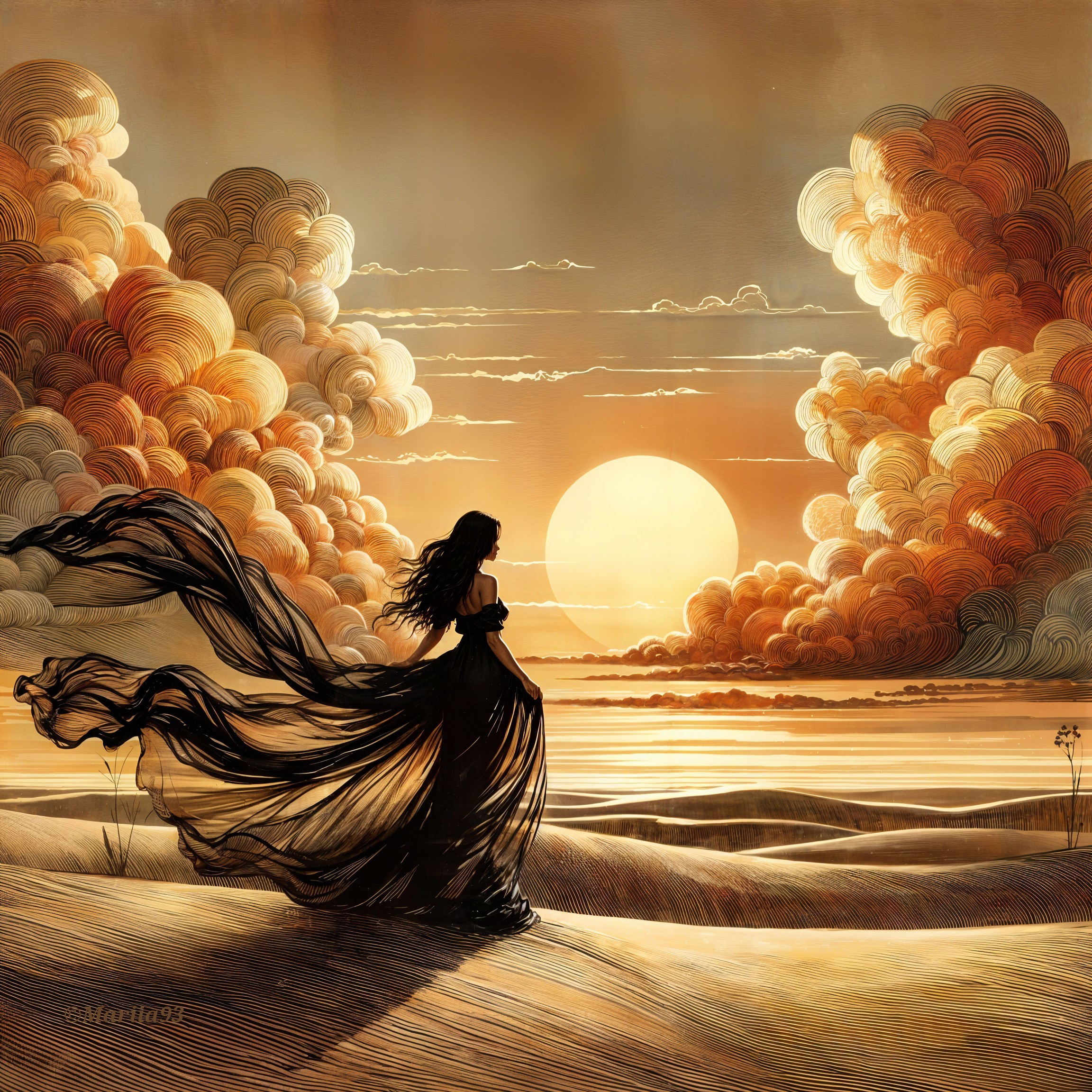 Silhouette of Woman in Black Gown at Sunset