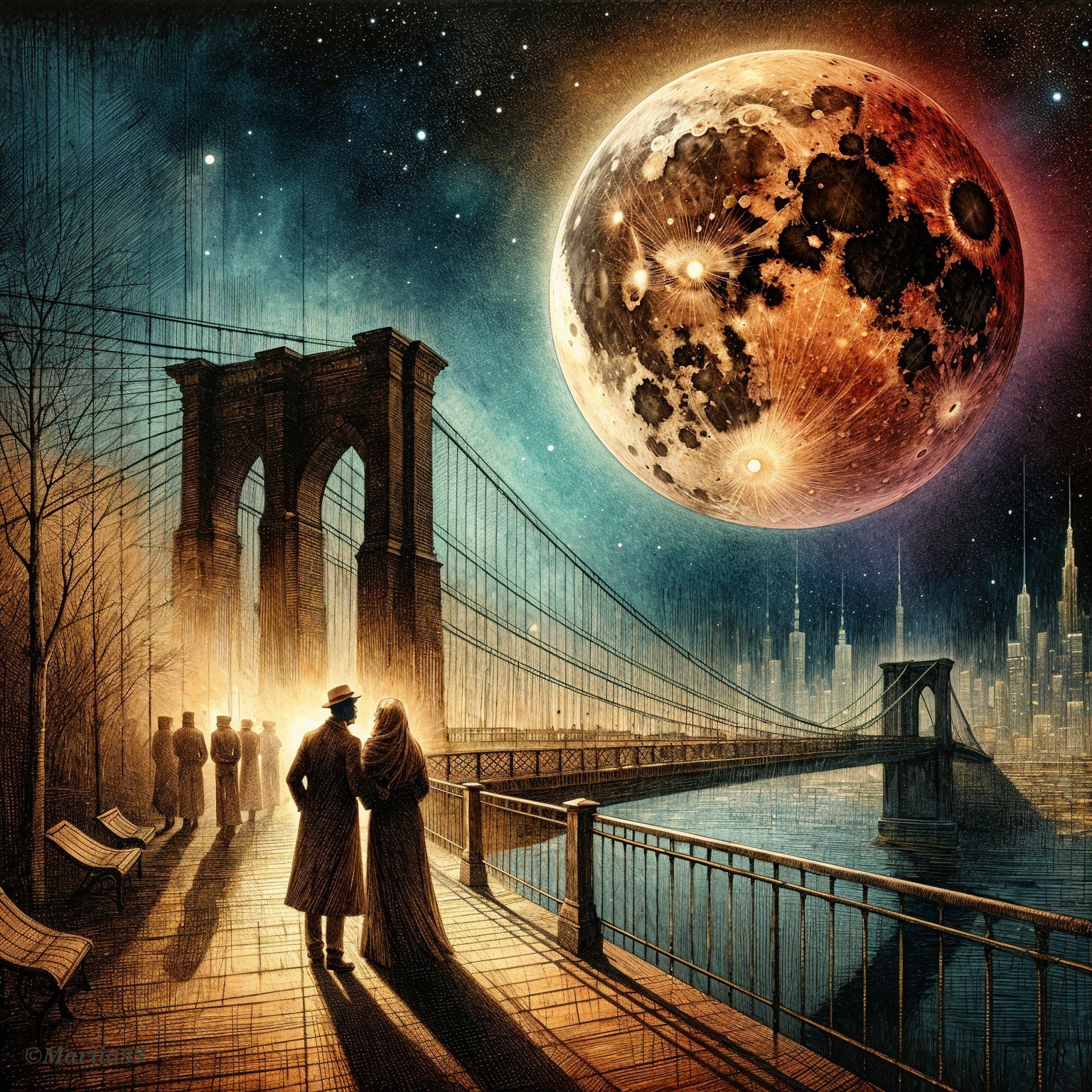 Cosmic Scene of Moon Over Brooklyn Bridge at Night