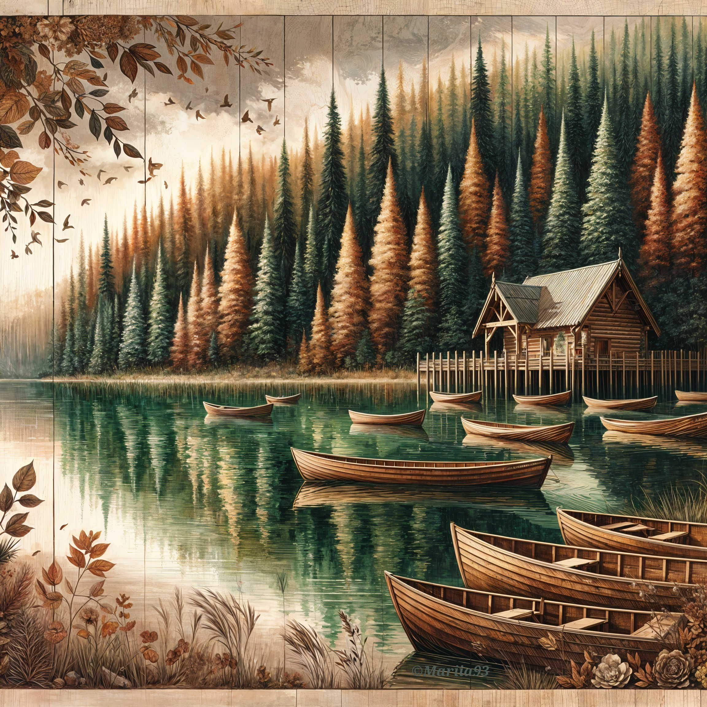 Serene Lakeside Scene with Wooden Cabin and Boats