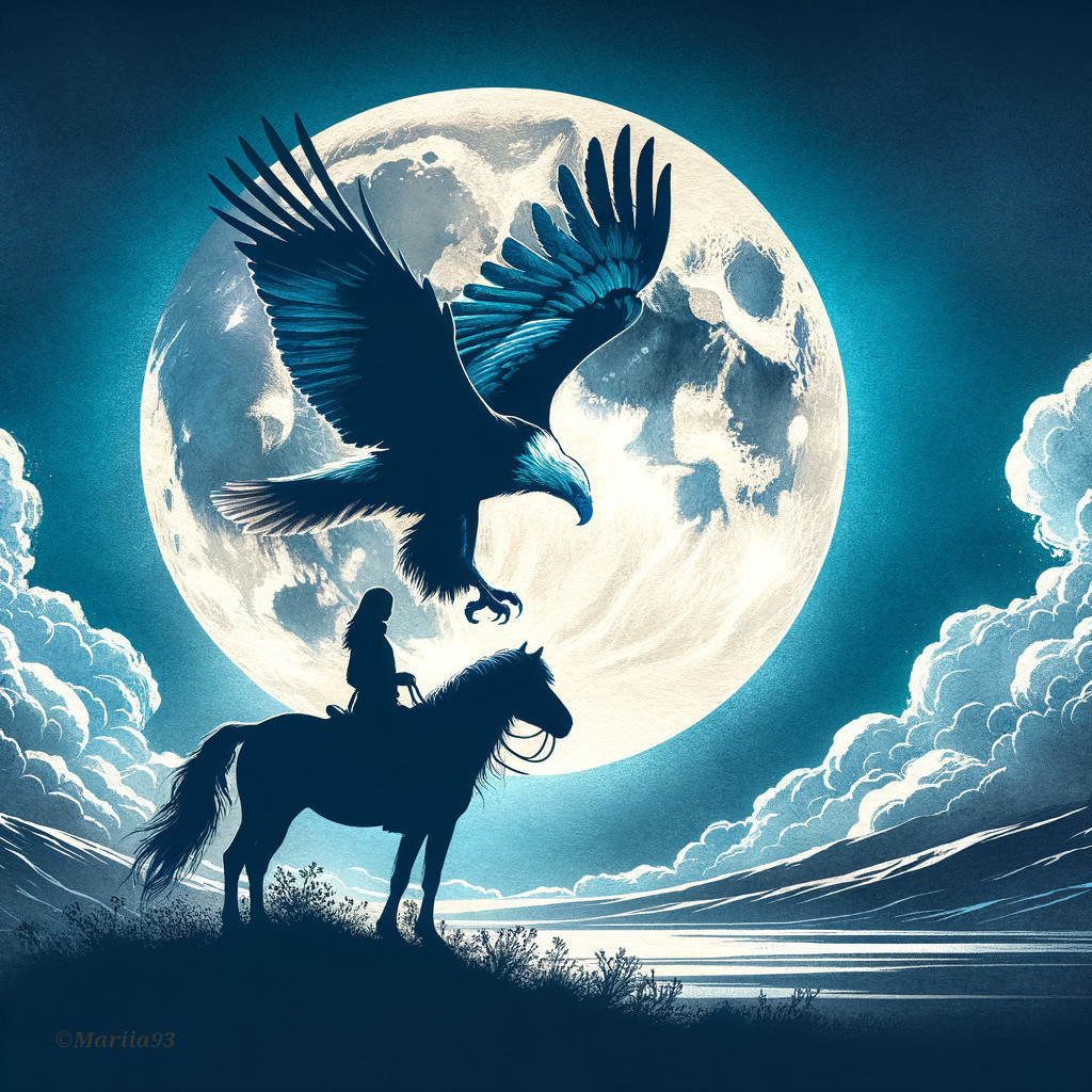 Horse and Rider Silhouette Under Full Moon and Eagle