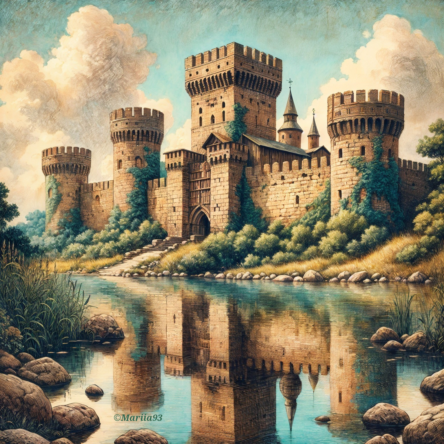 Medieval Castle Surrounded by Lush Greenery and River