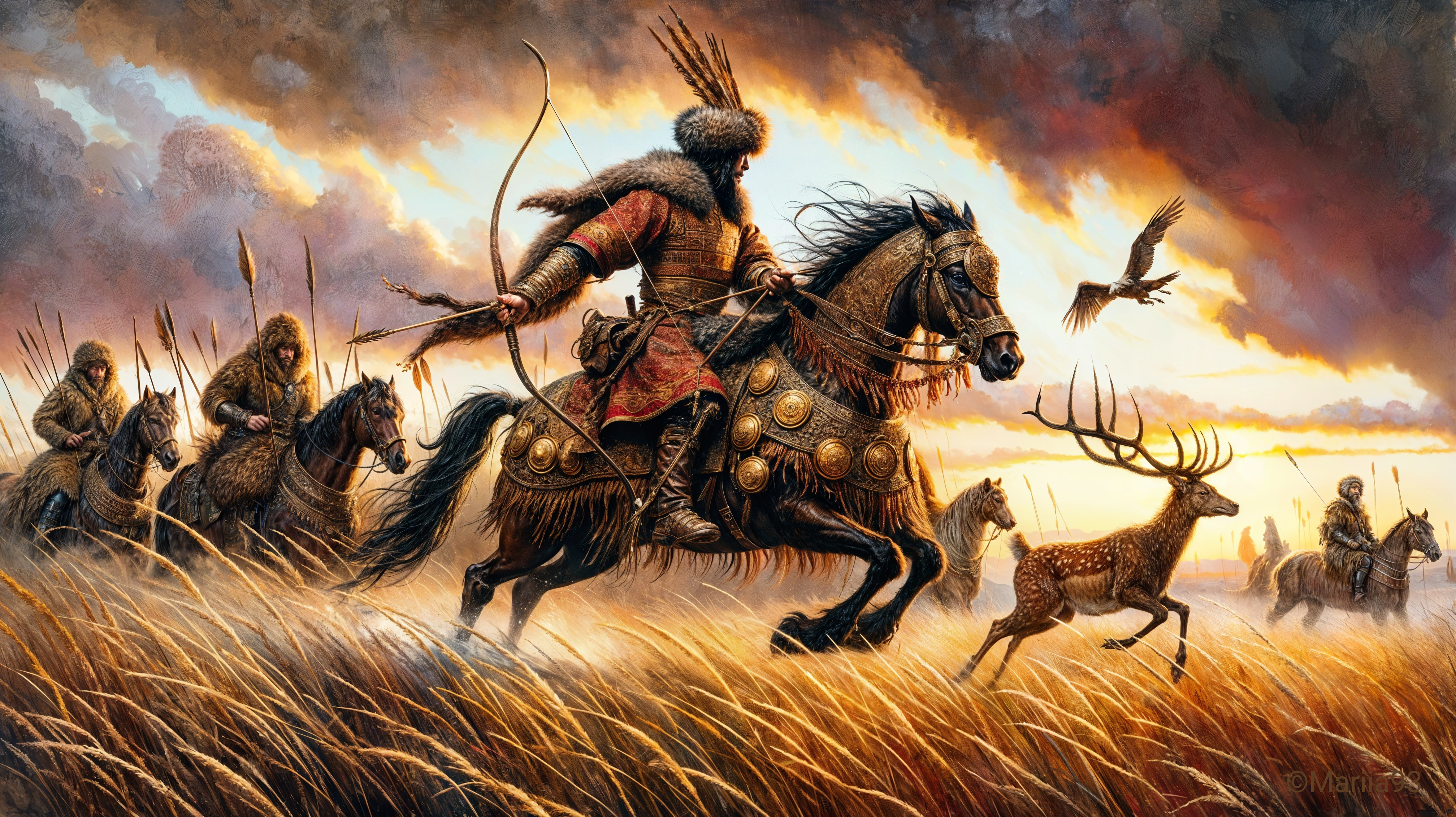 Warrior on Horseback in Golden Grass at Sunset