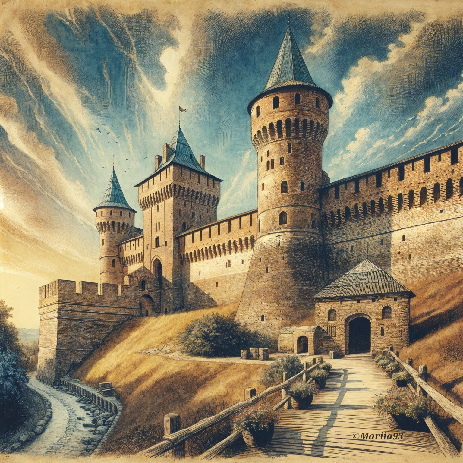 Medieval Castle on Hill at Sunset with Lush Surroundings