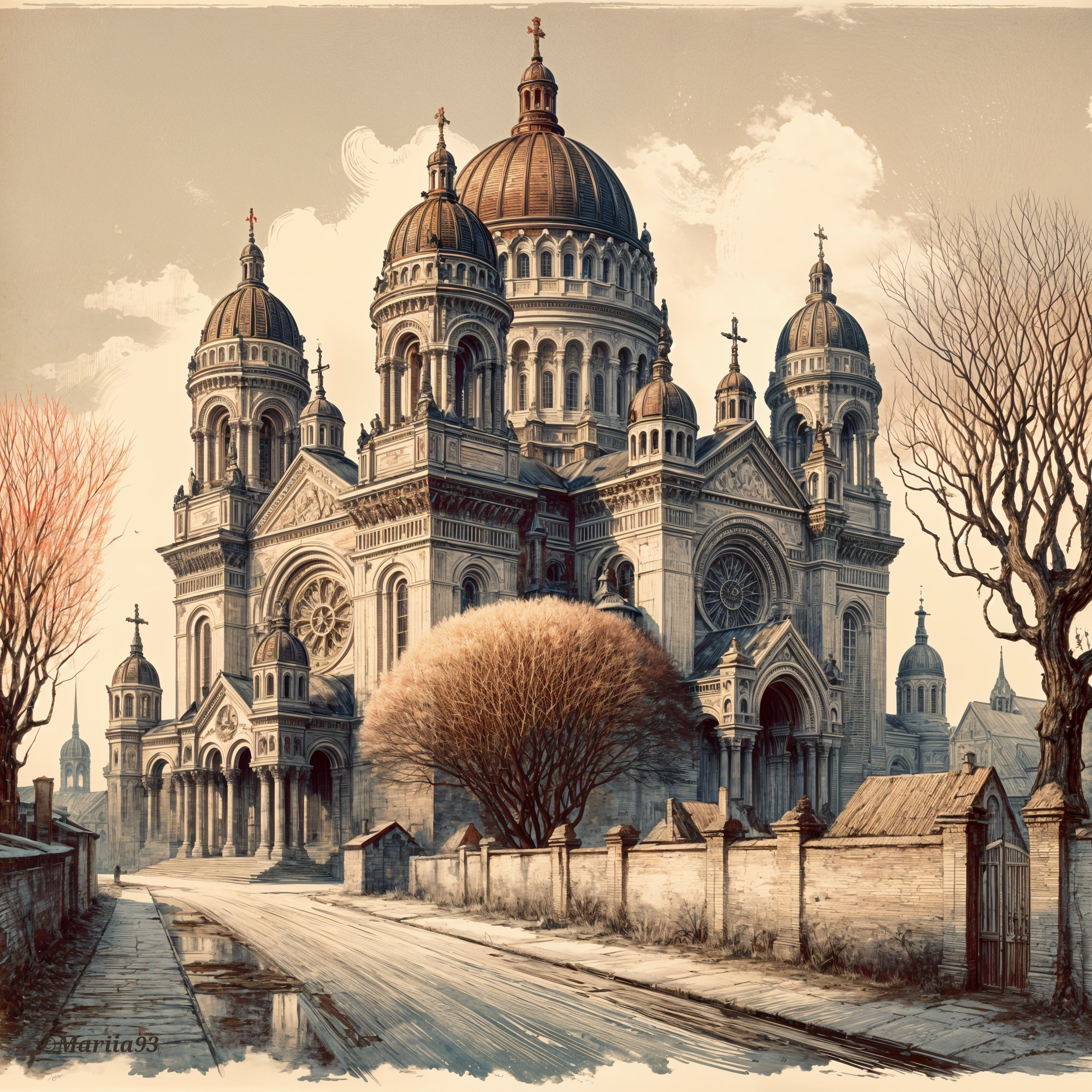 Intricate Cathedral with Domes in Serene Streetscape